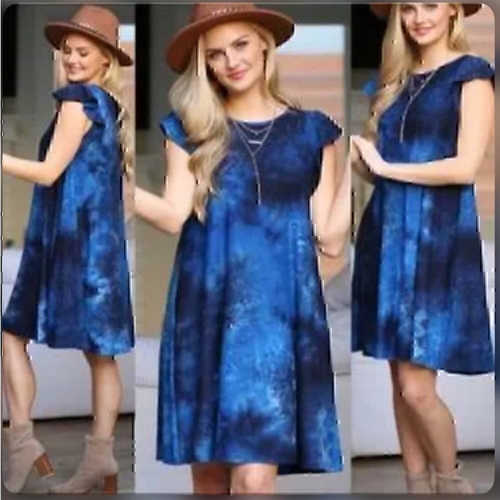 NWT Navy Blue Tie Dye Flutter Sleeve Dress 2X